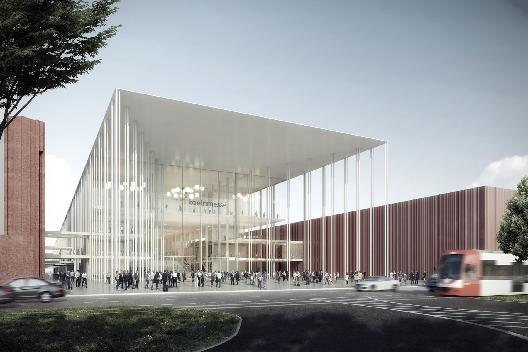 Winning design by JSWD Architekten, Cologne. Architects' competition for Koelnmesse 3.0, draft Entrance East
