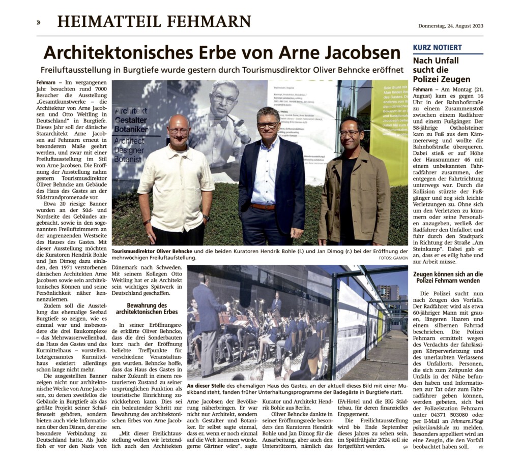 Temporäre Freiluftausstellung, kuratiert und produziert durch THE LINK GbR, in Kooperation mit Tourismus-Service Fehmarn. Frei zugänglich am Haus des Gastes, Südstrand / Burgtiefe, Fehmarn Sommer bis Herbst 2023.