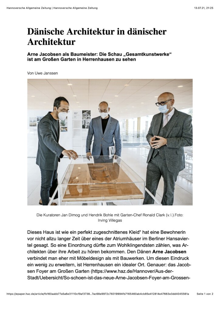 im Arne-Jacobsen-Foyer, Herrenhäuser Gärten, Hannover von Juni bis September 2021, Hannoversche Allgemeine Zeitung (HAZ)